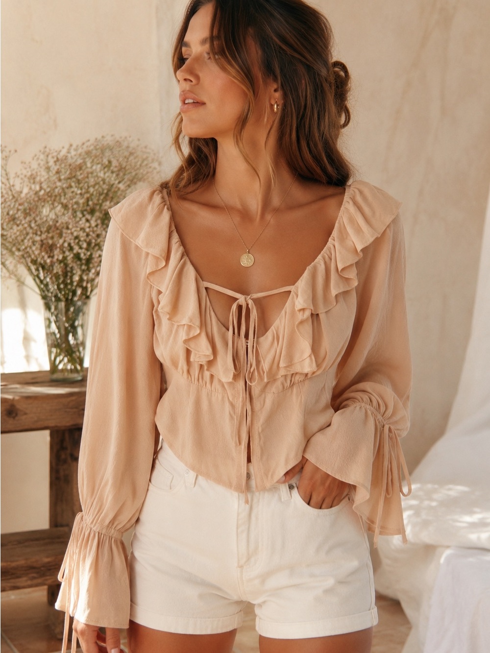 Coquette Milkmaid Tie Front Ruffle Corset Blouse Longsleeve Fairy XS
